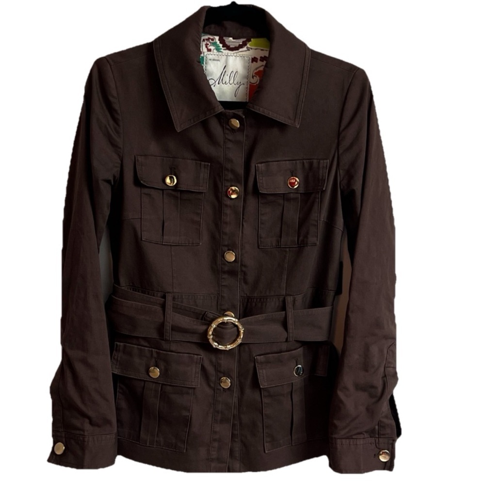 Milly New York Short Trench Coat Brown Belted Gold Button Closure Size 6 Solid